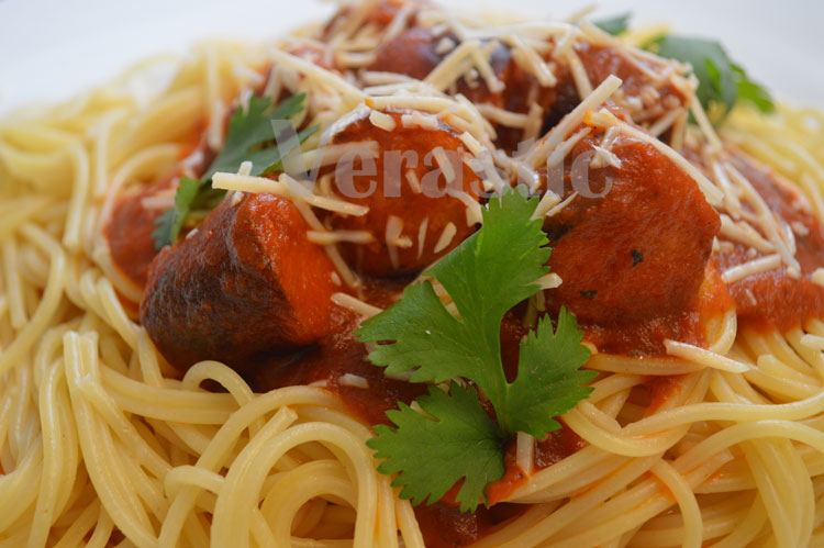 Really up close and personal: Pasta With Johnsonville Smoked Brats. 